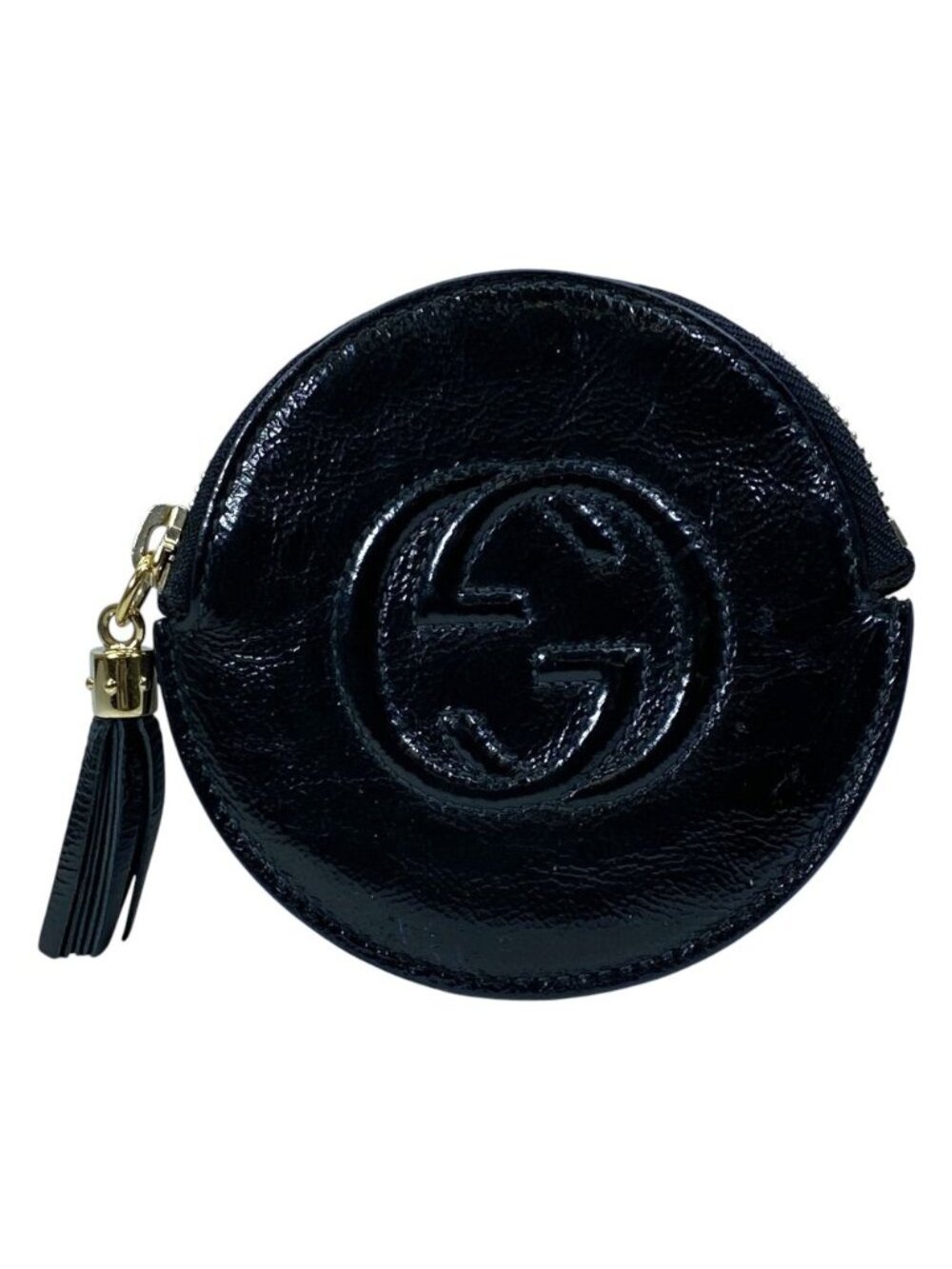 Gucci Soho Coin Case Wallet Purse Circle Patent Leather Black Everyday